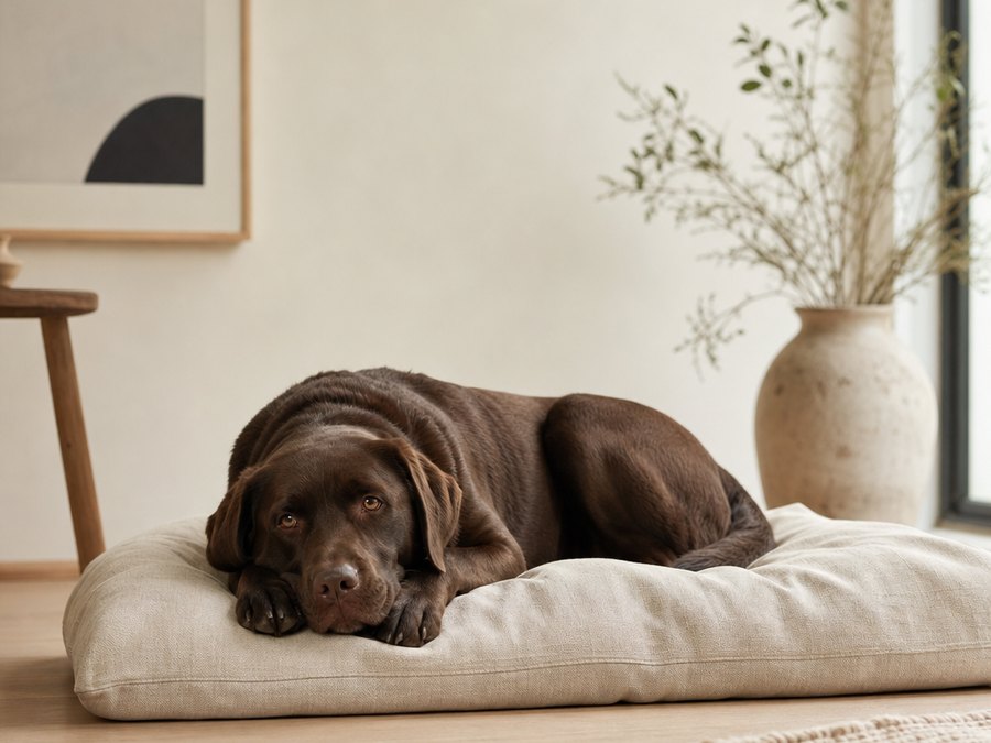 Labrador der hviler i lyst rum